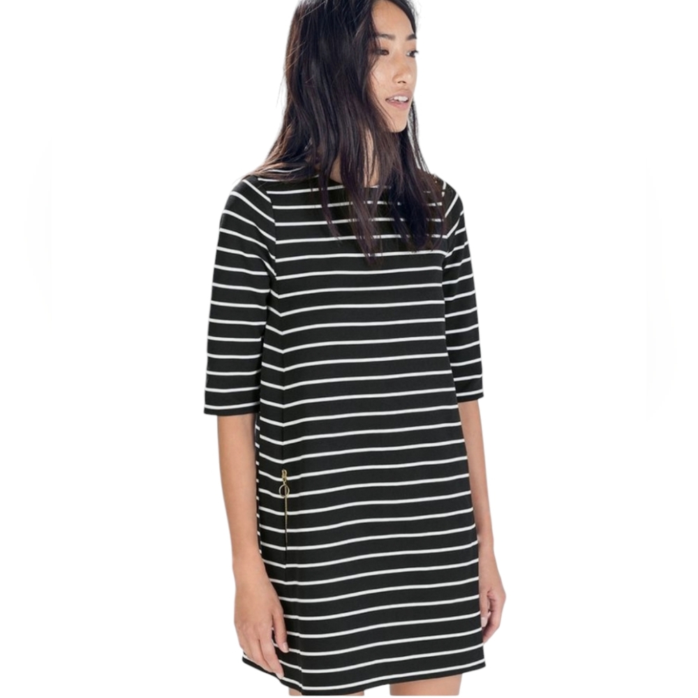 Zara Dress Womens Size S Small Black White Stripe Knit Accent Zipper Pockets‎